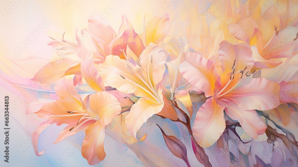  a painting of pink and yellow flowers on a blue background.  generative ai