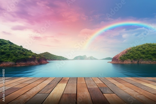 A wooden tabletop harmonizes with a sea view and a rainbow