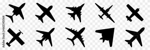Black airplane icon collection. Set of black plane silhouette icon. Aircraft icons. Flight transport symbols