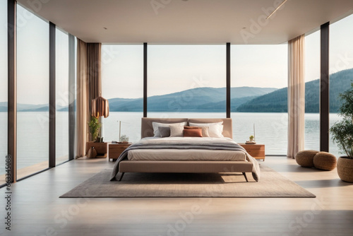 This modern  minimalist bedroom has a large glass wall that looks out onto a beautiful lake.