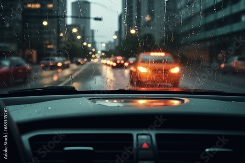 Raindrops on the car window, city in the bokeh background. Generative AI