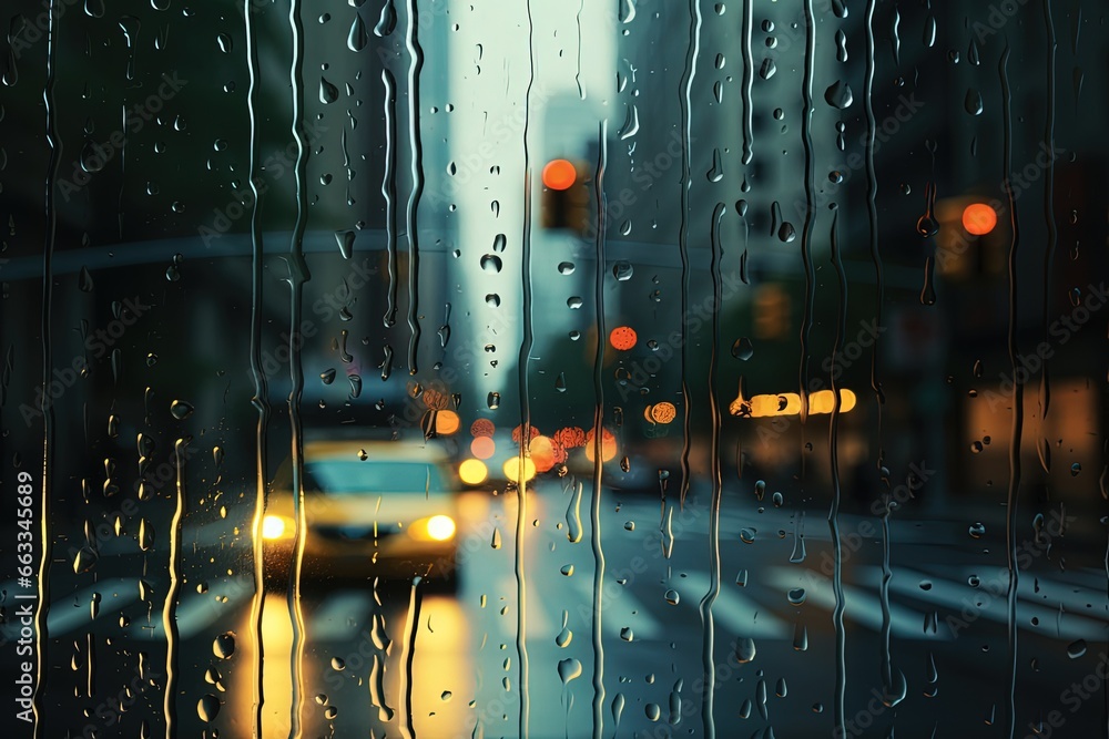 A rainy day seen through the window, city in the background. Generative AI - obrazy, fototapety, plakaty 