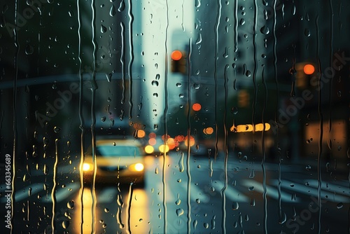 A rainy day seen through the window, city in the background. Generative AI photo