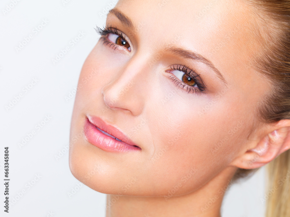 Beauty, face and portrait of woman for skincare, facial treatment and cosmetics on white background. Dermatology, salon and isolated person for makeup, wellness and luxury spa aesthetic in studio Beauty, face and portrait of woman for skincare, facial treatment and cosmetics on white background. Dermatology, salon and isolated person for makeup, wellness and luxury spa aesthetic in studio