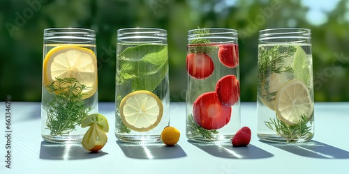 photo of infused water with various fruit flavors. generative AI