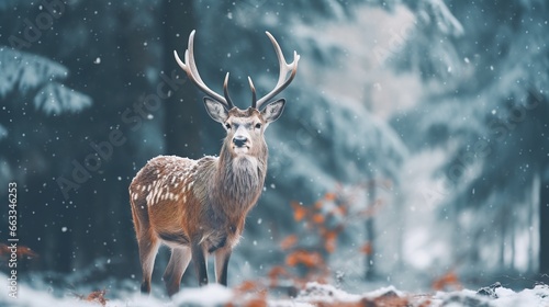Forest deer against the backdrop of a winter forest landscape. Winter time background