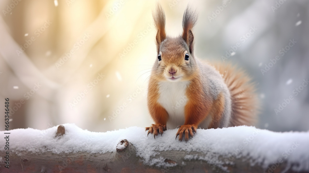 Cute red squirrel in the falling snow against the background of a pine forest. Winter time background Cute red squirrel in the falling snow against the background of a pine forest. Winter time background