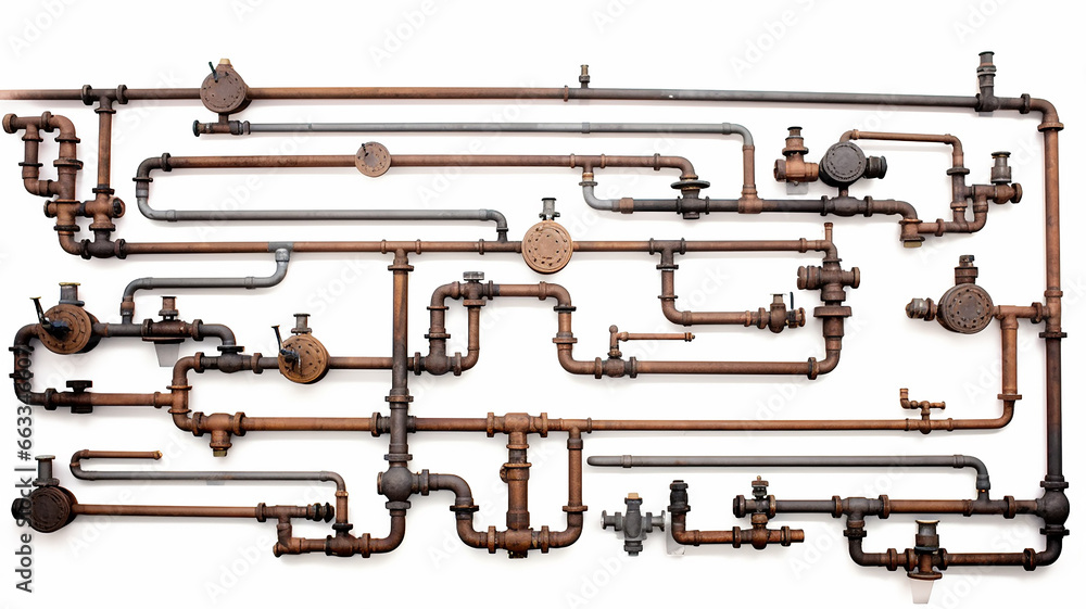 isolated on a white background is a wall with pipes, a water supply system, a complex supply system, a gas pipeline, a fuel pipeline, valves and switches isolated on a white background is a wall with pipes, a water supply system, a complex supply system, a gas pipeline, a fuel pipeline, valves and switches