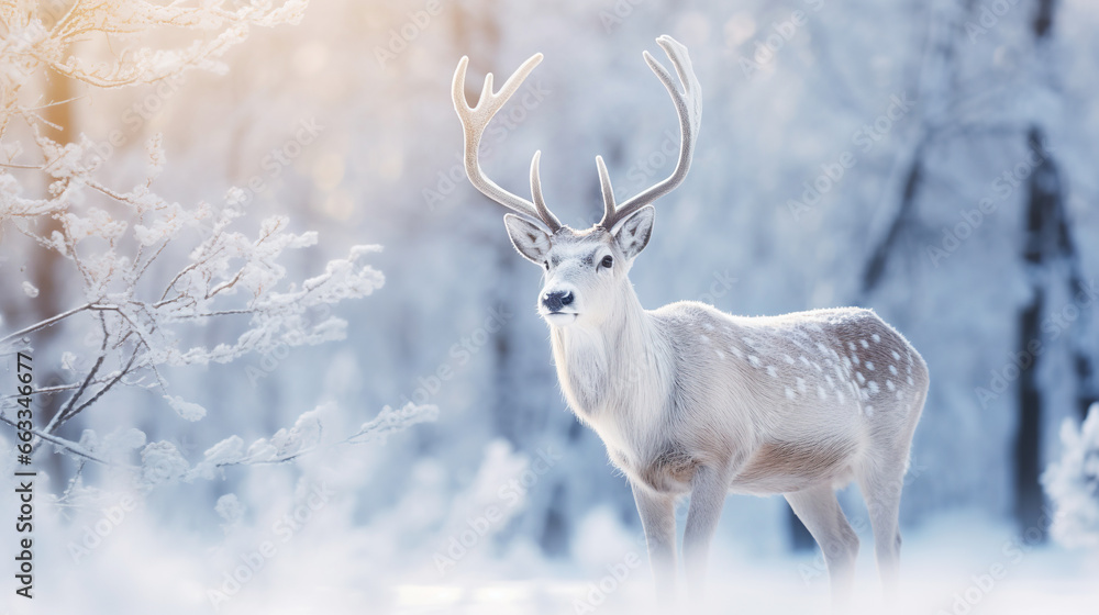 Forest deer against the backdrop of a winter forest landscape. Winter time background Forest deer against the backdrop of a winter forest landscape. Winter time background