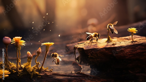 forest bees on a stump, wildlife bee hive, insects making honey, beautiful nature background © kichigin19