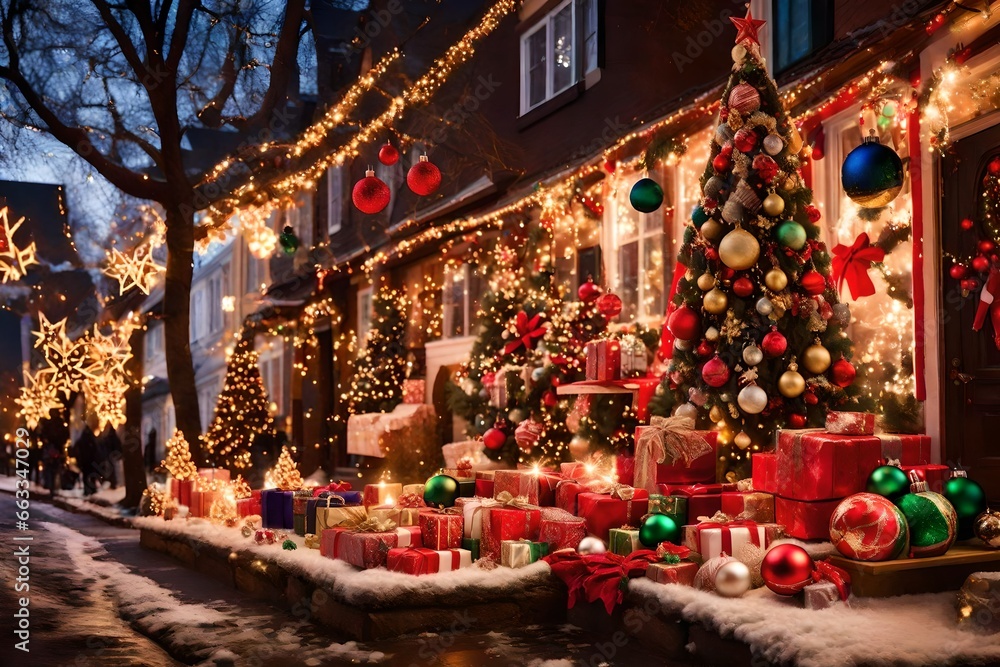 A multicultural neighborhood displaying a diverse range of Christmas traditions and decorations from around the world, reflecting the community's diversity and inclusivity