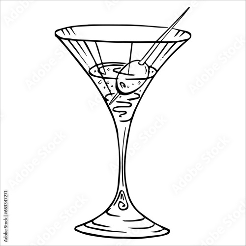Vector, graphic, sketch of a martini glass with an olive on a spit. Toothpick. Alcoholic drinks. Isolated on white background for menu design in restaurant, cafe, product.