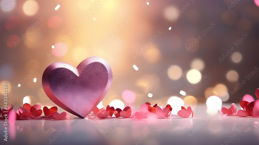 a pink heart surrounded by pink petals on a table with boke of light in the background. generative ai a pink heart surrounded by pink petals on a table with boke of light in the background. generative ai