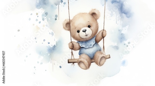  a brown teddy bear sitting on a swing with a blue shirt on.  generative ai © Nadia
