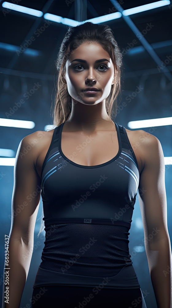 Model in a sporty look, showcasing athletic wear, set in a gym environment.