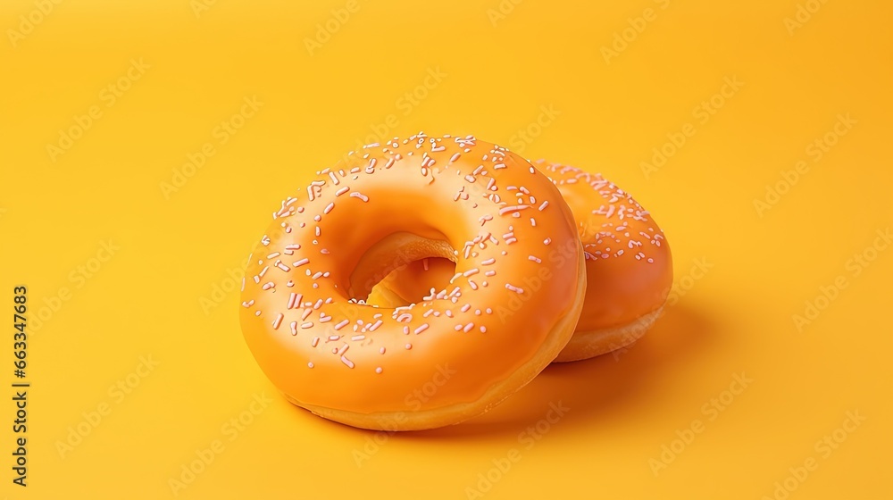 two glazed donuts with sprinkles on a yellow background. generative ai two glazed donuts with sprinkles on a yellow background. generative ai