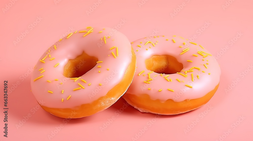 two glazed donuts with sprinkles on a pink background. generative ai two glazed donuts with sprinkles on a pink background. generative ai