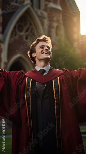 Model in a graduation robe, emphasizing achievement and joy, set in a university campus.