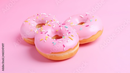  three donuts with pink frosting and sprinkles.  generative ai © Nadia