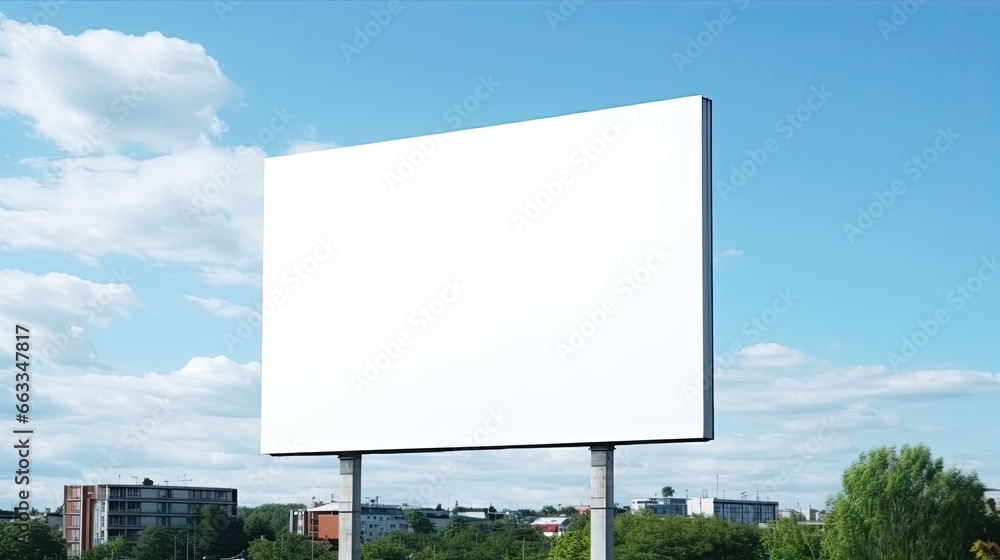 Image of blank billboard on a highway for advertisement, on spring sunny day. - obrazy, fototapety, plakaty 