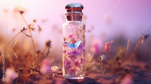  a glass bottle filled with pink flowers and a blue butterfly. generative ai