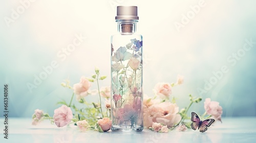  a glass bottle filled with flowers and a butterfly on a table. generative ai