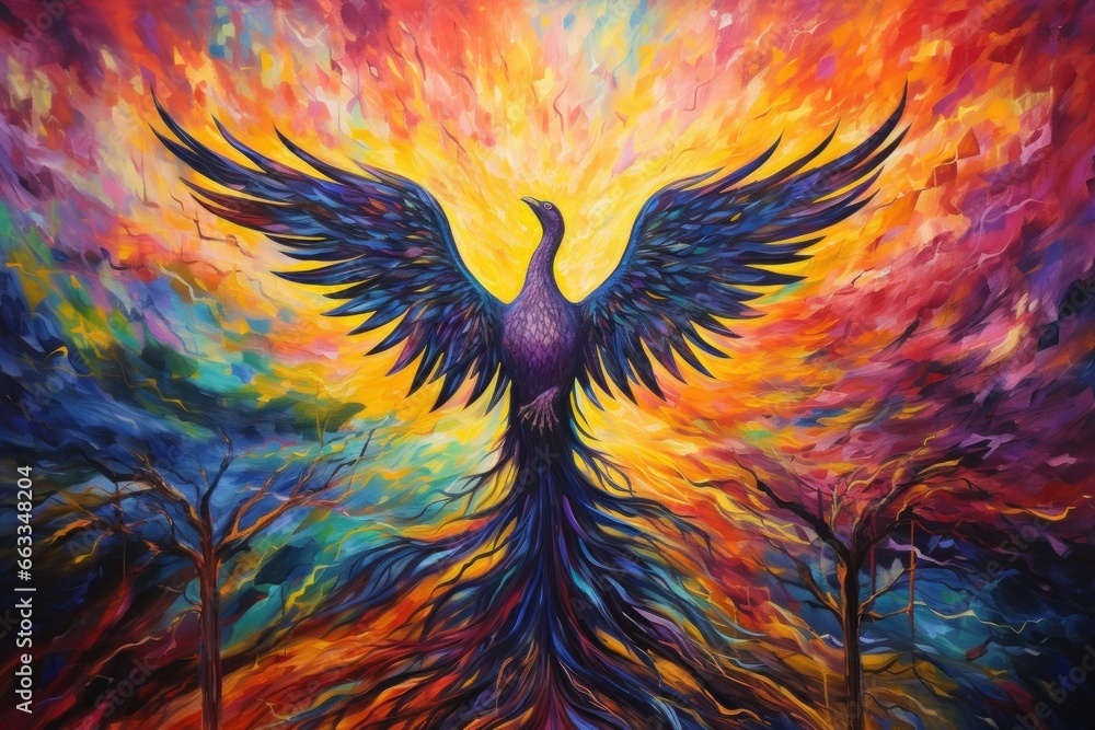 Obraz premium Ancient phoenixes rising from ashes with renewed life - Generative AI