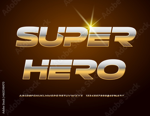 Vector premium poster Super Hero. Abstract style Font. Gold Alphabet Letters, Numbers and Symbols set