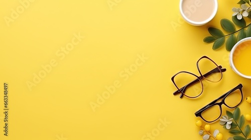  a pair of glasses sitting on top of a yellow table. generative ai