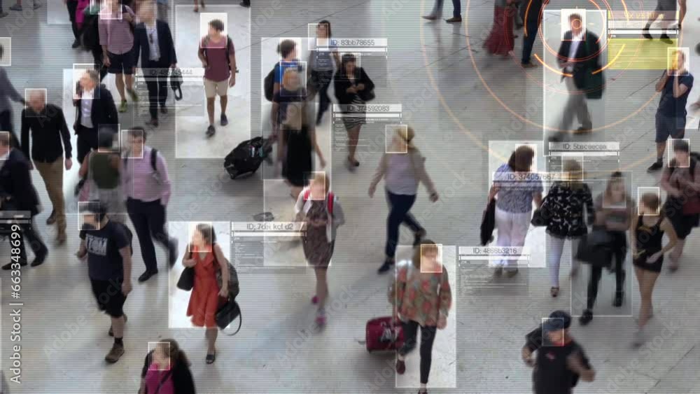 Facial Recognition Camera Recognizes Person. Elevated Security Camera Surveillance Footage Face Scanning of Crowd of People Walking on Airport or Station. Big Data Analysis