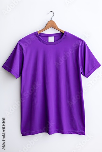 Hanger with blank purple t-shirt on light wall. Mockup for design.