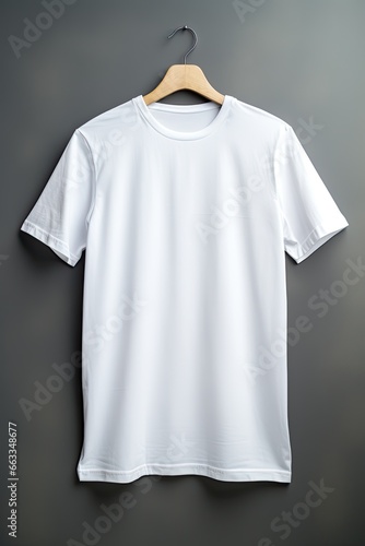 Hanger with blank white t-shirt on grudge wall. Mockup for design.