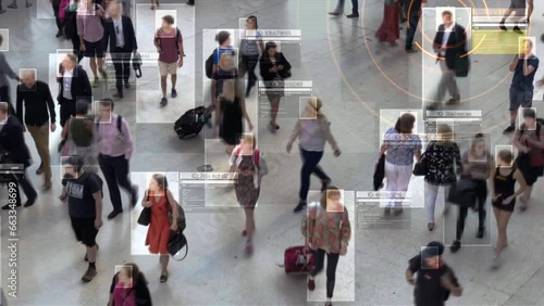 Facial Recognition Camera Recognizes Person. Elevated Security Camera Surveillance Footage Face Scanning of  Crowd of People Walking on Airport or Station. Big Data Analysis
 photo
