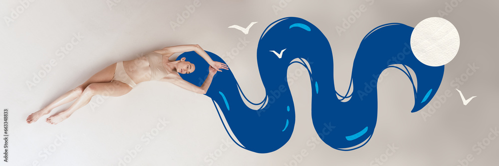 Poster. Banner. Contemporary art collage. Top view. Young tender women with dreams in long drawn blue hair like river decorated with flying birds and moon. Poster. Banner. Contemporary art collage. Top view. Young tender women with dreams in long drawn blue hair like river decorated with flying birds and moon.