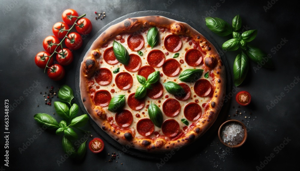 Delicious Pepperoni Pizza with Tomatoes and Basil Delicious Pepperoni Pizza with Tomatoes and Basil