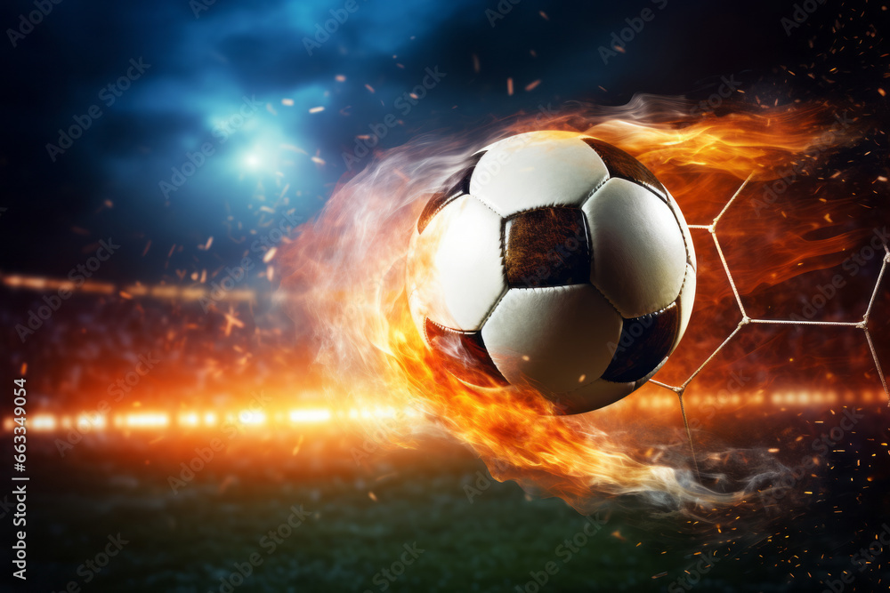 When a soccer player kicks the ball, it transforms into a fiery comet headed for the goal. Leading the team to victory, the goal is achieved. The concept of passion, enthusiasm, and success.
