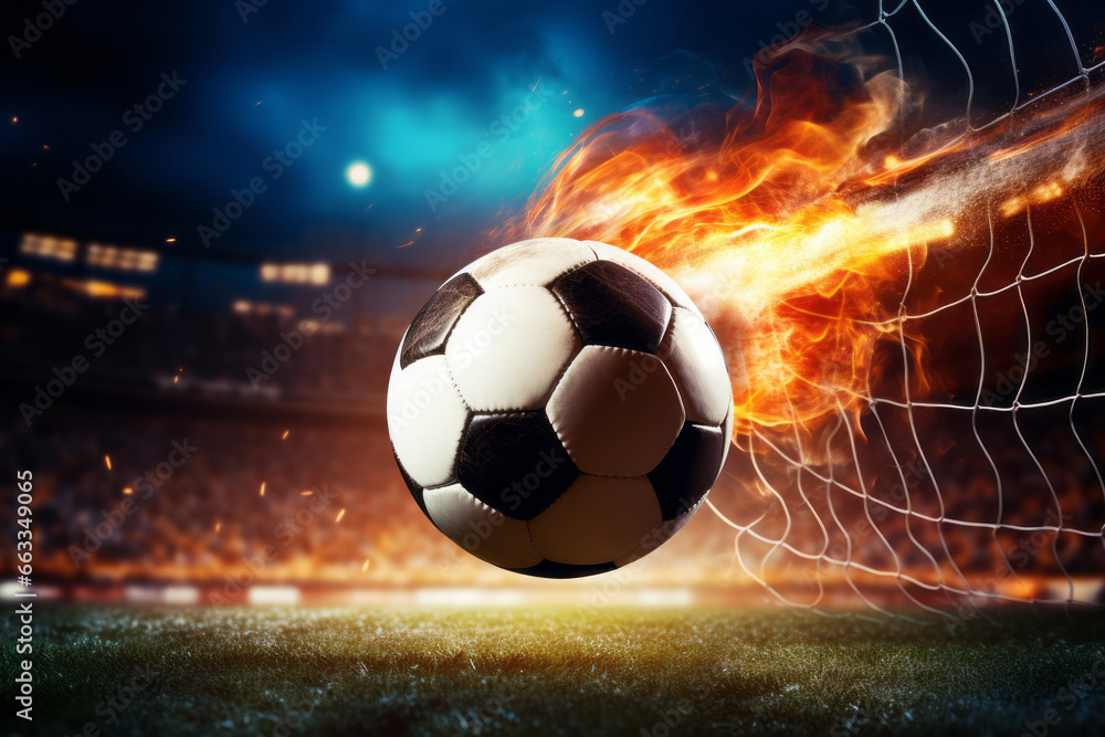 When the soccer player strikes the ball, it transforms into a fiery comet aimed at the goal. Guiding the team to triumph, their objectives are met. A concept of passion, fervor, and achieving success.