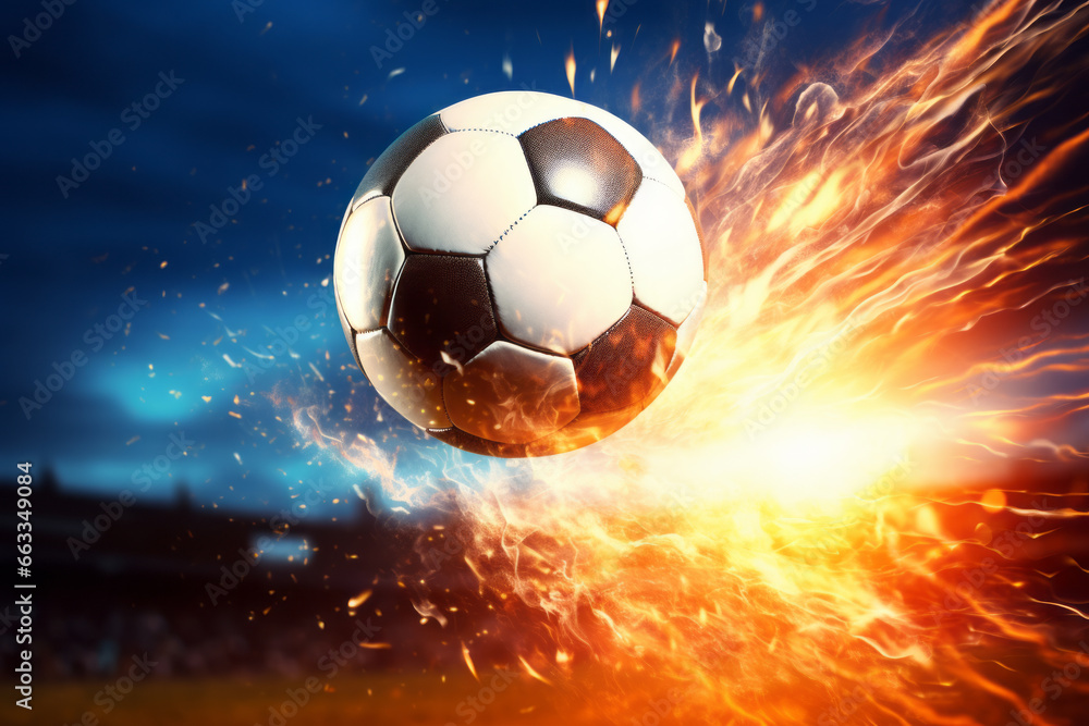 The ball kicked by the soccer player turns into a fireball heading for the goal. It leads the team to victory, and the goal is achieved. A concept for passion, enthusiasm, and success.