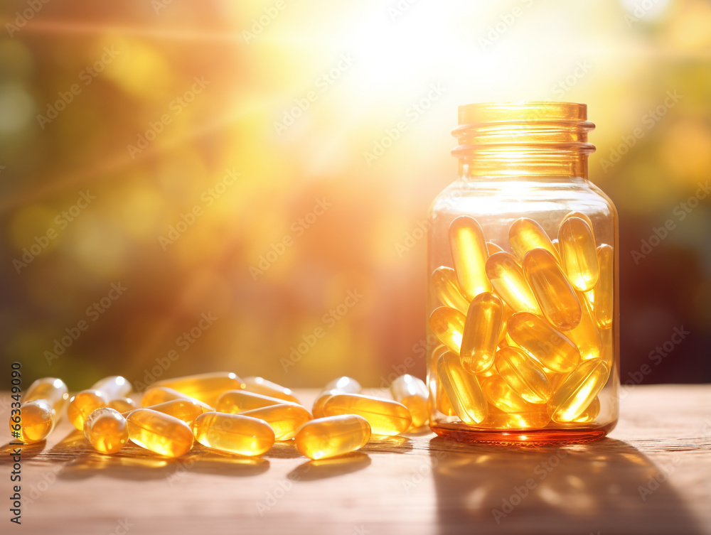 Several softgel capsules made of softgel and glass medicine bottles are placed on the table. Medical. medicine and supplements concept photo. Several softgel capsules made of softgel and glass medicine bottles are placed on the table. Medical. medicine and supplements concept photo.