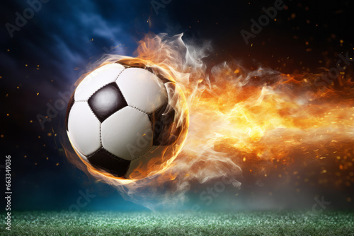 The ball kicked by the soccer player turns into a blazing meteor on its way to the goal. It leads the team to victory, and the objective is fulfilled. The concept of passion, zeal, and success.