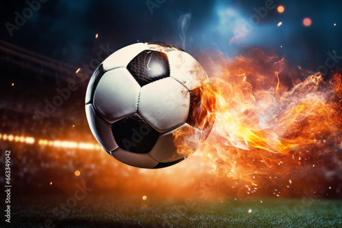 As the soccer player strikes the ball, it transforms into a fireball headed for the goal. Guiding the team to victory, the objective is realized. The concept of passion, enthusiasm, and success. © omune