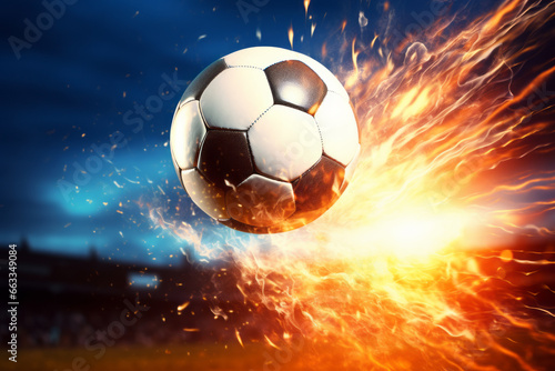 The ball kicked by the soccer player turns into a fireball heading for the goal. It leads the team to victory  and the goal is achieved. A concept for passion  enthusiasm  and success.
