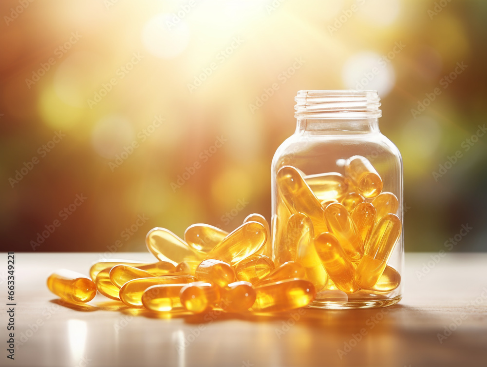Several softgel capsules made of softgel and glass medicine bottles are placed on the table. Medical. medicine and supplements concept photo. Several softgel capsules made of softgel and glass medicine bottles are placed on the table. Medical. medicine and supplements concept photo.