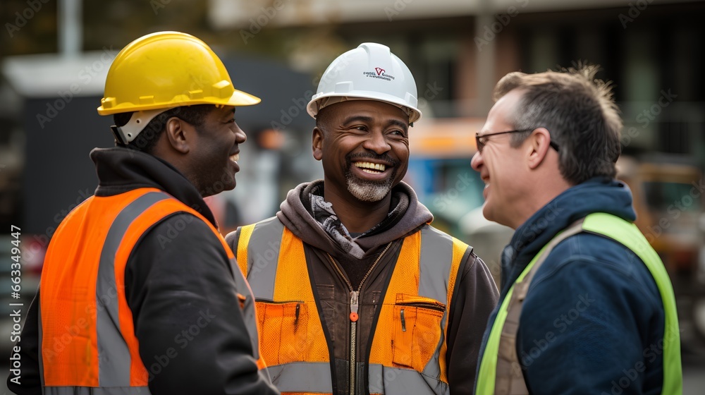 Diverse group of construction workers with friendly conversation on professional construction site. Strong partnership and good relationships with their colleagues. Diversity and equality in workplace Diverse group of construction workers with friendly conversation on professional construction site. Strong partnership and good relationships with their colleagues. Diversity and equality in workplace