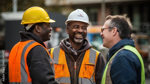 Diverse group of construction workers with friendly conversation on professional construction site. Strong partnership and good relationships with their colleagues. Diversity and equality in workplace