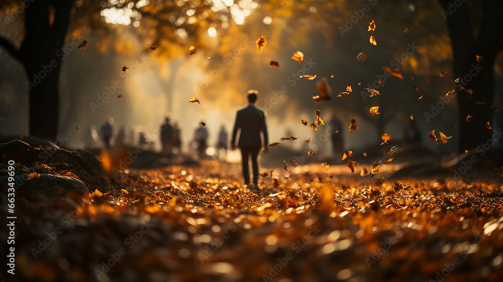autumn falling leaves in the city park businessmen are running on ...