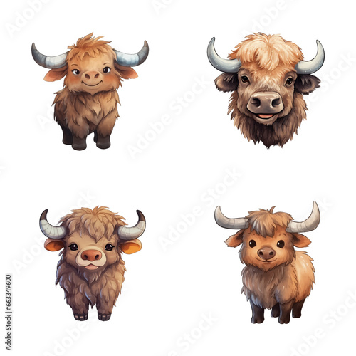 set of happy cute buffalo watercolor illustrations for printing on baby clothes, pattern, sticker, postcards, print, fabric, and books