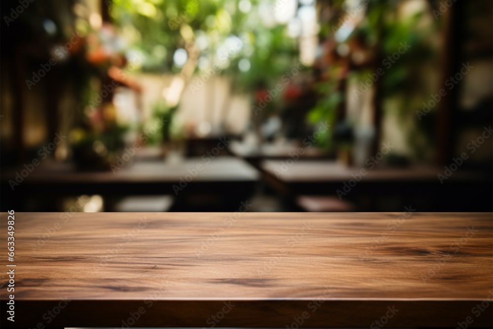 Blank wood table and blurred garden background for marketing text