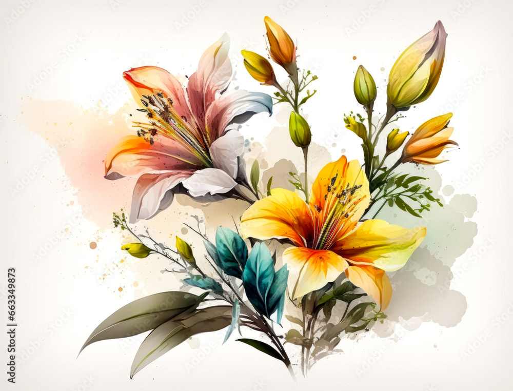 Digital art flowers arrangement illustration on white background. Generative ai