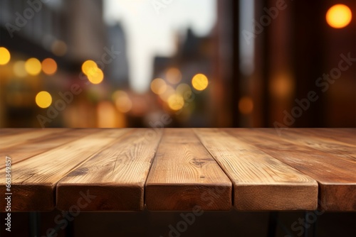 Blank wooden table against a blurred restaurant backdrop for product placement